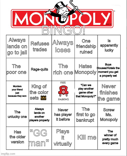 Blank Bingo | BINGO! Always loses; Refuses trades; Is apparently lucky; Always lands on go to jail; One friendship ruined; The rich one; The poor one; Buys Houses/Hotels the moment you get a property set; Hates Monopoly; Rage-quits; "Can we play another game other that Monopoly?"; Murders your friend just because they won; Never finishes the game; King of the color sets 👑; The unlucky one; Always lands on another players property; Screw Ms. Monopoly; The first to go bankrupt; Never has player it before; "GG man"; The winner of pretty much every game; Has the older version; Plays it virtually; Kill me | image tagged in blank bingo | made w/ Imgflip meme maker