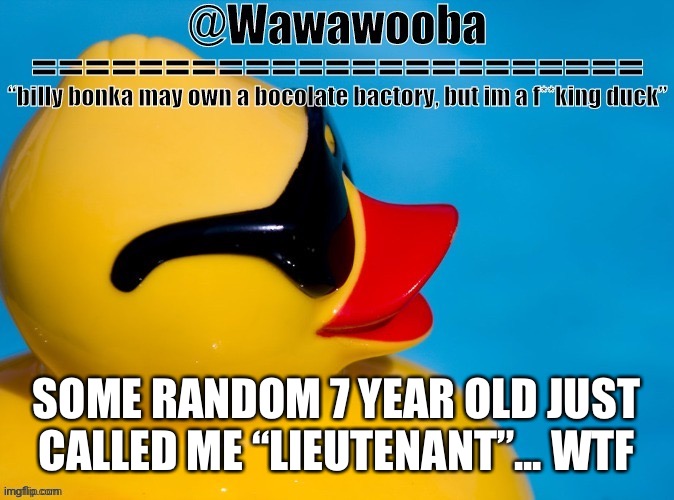 E | SOME RANDOM 7 YEAR OLD JUST CALLED ME “LIEUTENANT”... WTF | image tagged in wawa s announcement temp | made w/ Imgflip meme maker
