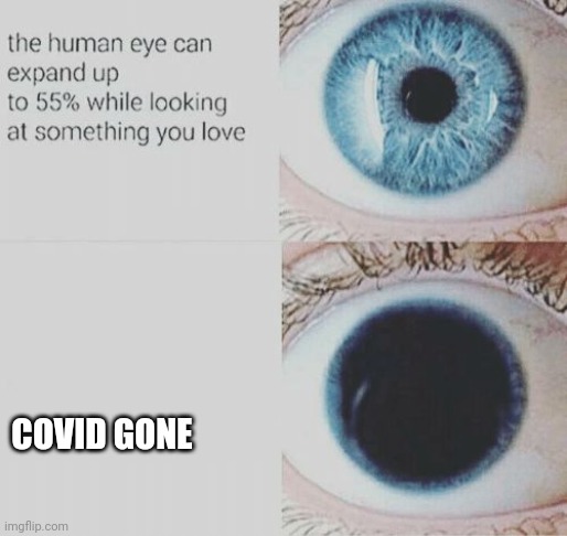 BE GONE | COVID GONE | image tagged in eye pupil expand | made w/ Imgflip meme maker