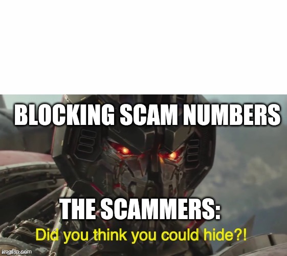 Did you think you could hide? | BLOCKING SCAM NUMBERS; THE SCAMMERS: | image tagged in did you think you could hide | made w/ Imgflip meme maker
