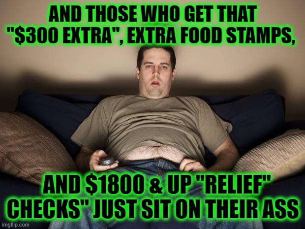 lazy fat guy on the couch | AND THOSE WHO GET THAT "$300 EXTRA", EXTRA FOOD STAMPS, AND $1800 & UP "RELIEF" CHECKS" JUST SIT ON THEIR ASS | image tagged in lazy fat guy on the couch | made w/ Imgflip meme maker