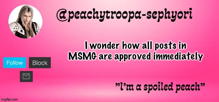 peachytroopa-sephiroth | I wonder how all posts in MSMG are approved immediately | image tagged in peachytroopa-sephiroth | made w/ Imgflip meme maker