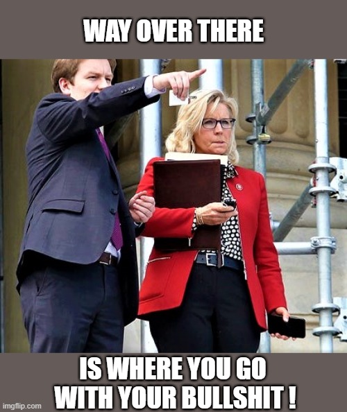 liz cheney | WAY OVER THERE; IS WHERE YOU GO 
WITH YOUR BULLSHIT ! | image tagged in political humor,political meme,rino,liz cheney,bullshit,traitor,ConservativesOnly | made w/ Imgflip meme maker