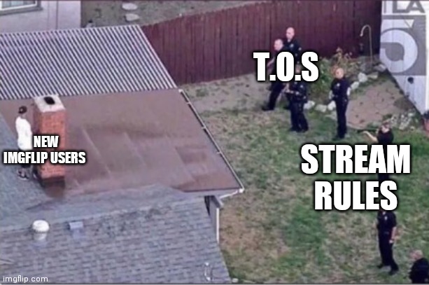 T.O.S | T.O.S; NEW IMGFLIP USERS; STREAM RULES | image tagged in guy hiding from cops on roof,t_o_s | made w/ Imgflip meme maker