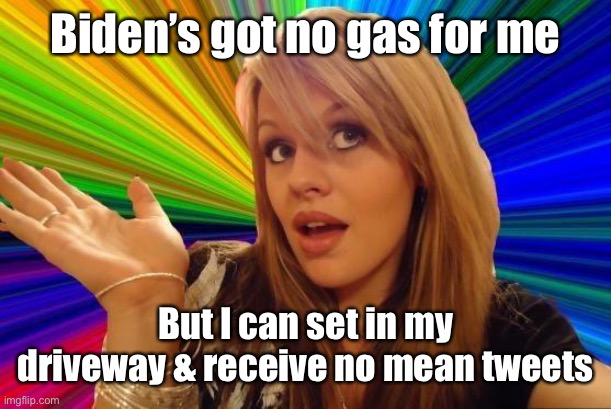 Dumb Blonde Meme | Biden’s got no gas for me But I can set in my driveway & receive no mean tweets | image tagged in memes,dumb blonde | made w/ Imgflip meme maker