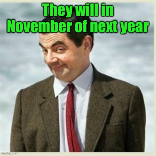 Mr Bean Smirk | They will in November of next year | image tagged in mr bean smirk | made w/ Imgflip meme maker