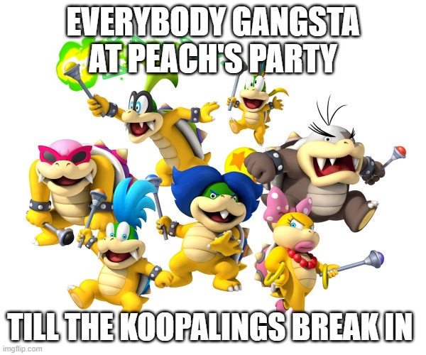 Koopalings Lol | EVERYBODY GANGSTA AT PEACH'S PARTY; TILL THE KOOPALINGS BREAK IN | image tagged in koopalings lol | made w/ Imgflip meme maker