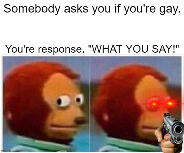 How to respond to idiots | Somebody asks you if you're gay. You're response. "WHAT YOU SAY!" | image tagged in memes,monkey puppet | made w/ Imgflip meme maker