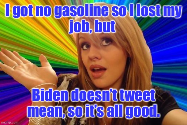 It’s all about what’s more important | I got no gasoline so I lost my
job, but; Biden doesn’t tweet mean, so it’s all good. | image tagged in memes,dumb blonde,gas shortage,lost job,mean tweets,nice tweets | made w/ Imgflip meme maker