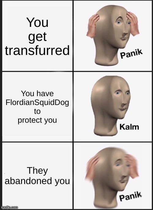I'm a Squid Dog pup now, FlordianSquidDog if you see this,, STOP LEAVING ME WITH DR.K!!! | You get transfurred; You have FlordianSquidDog to protect you; They abandoned you | image tagged in memes,panik kalm panik | made w/ Imgflip meme maker