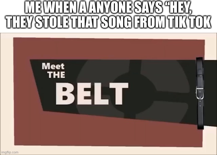 Meat the | ME WHEN A ANYONE SAYS “HEY, THEY STOLE THAT SONG FROM TIK TOK | image tagged in meat the belt,tf2 | made w/ Imgflip meme maker