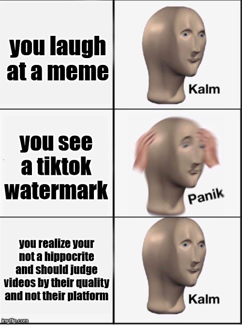 Reverse kalm panik |  you laugh at a meme; you see a tiktok watermark; you realize your not a hippocrite and should judge videos by their quality and not their platform | image tagged in reverse kalm panik | made w/ Imgflip meme maker
