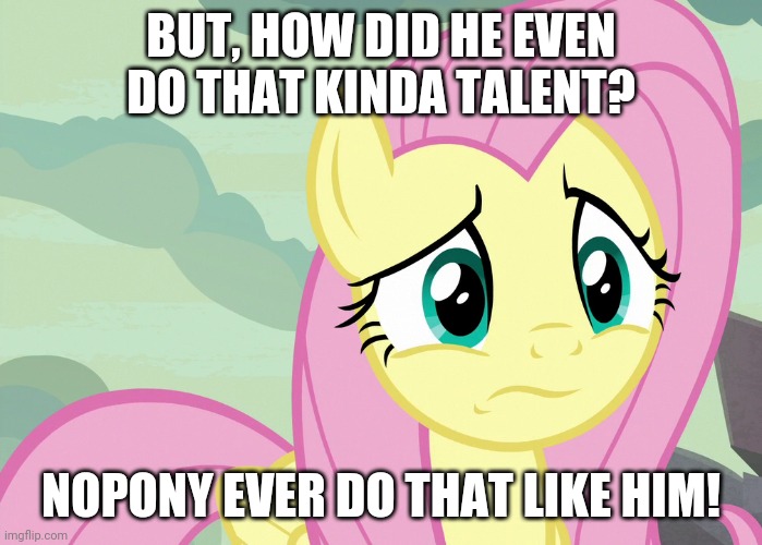 Fluttershy Was Puzzled (MLP) | BUT, HOW DID HE EVEN DO THAT KINDA TALENT? NOPONY EVER DO THAT LIKE HIM! | image tagged in fluttershy was puzzled mlp | made w/ Imgflip meme maker