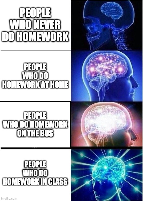 Homework | PEOPLE WHO NEVER DO HOMEWORK; PEOPLE WHO DO HOMEWORK AT HOME; PEOPLE WHO DO HOMEWORK ON THE BUS; PEOPLE WHO DO HOMEWORK IN CLASS | image tagged in memes,expanding brain | made w/ Imgflip meme maker