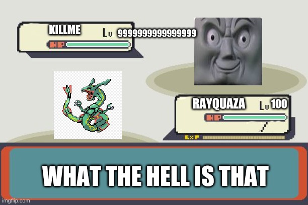 pokemon meme | KILLME; 9999999999999999; RAYQUAZA; 100; WHAT THE HELL IS THAT | image tagged in pokemon battle | made w/ Imgflip meme maker