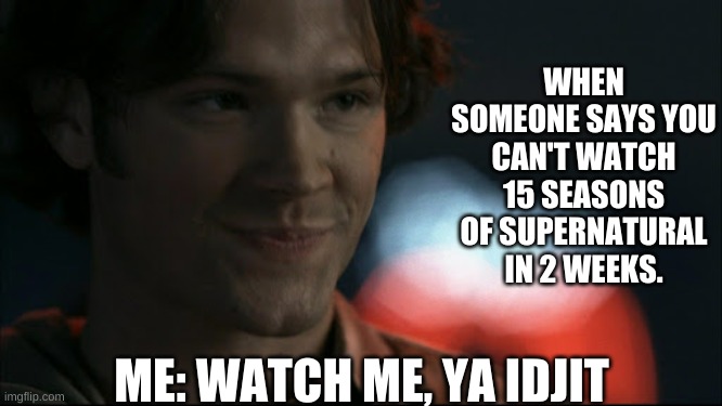 Wanna Bet? | WHEN SOMEONE SAYS YOU CAN'T WATCH 15 SEASONS OF SUPERNATURAL IN 2 WEEKS. ME: WATCH ME, YA IDJIT | image tagged in supernatural,sam winchester | made w/ Imgflip meme maker
