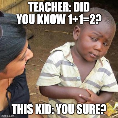 Third World Skeptical Kid Meme | TEACHER: DID YOU KNOW 1+1=2? THIS KID: YOU SURE? | image tagged in memes,third world skeptical kid | made w/ Imgflip meme maker