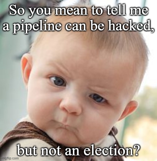 Skeptical Baby |  So you mean to tell me a pipeline can be hacked, but not an election? | image tagged in memes,skeptical baby | made w/ Imgflip meme maker