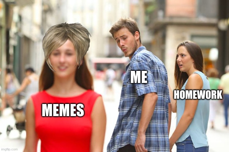 Distracted Boyfriend Meme | ME; HOMEWORK; MEMES | image tagged in memes,distracted boyfriend | made w/ Imgflip meme maker