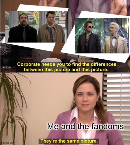 Good Omens and Supernatural | Me and the fandoms | image tagged in memes,they're the same picture,crowley,good omens,supernatural,castiel | made w/ Imgflip meme maker