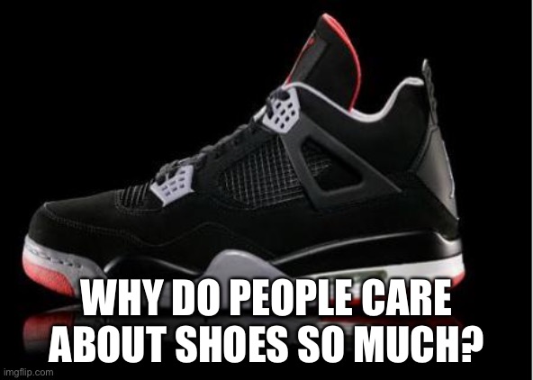 Jordan shoes | WHY DO PEOPLE CARE ABOUT SHOES SO MUCH? | image tagged in jordan shoes | made w/ Imgflip meme maker