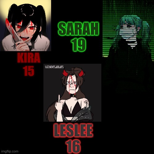 pick one to roleplay with. You can can pick the plot etc. | SARAH
19; KIRA
15; LESLEE
16 | image tagged in memes,blank transparent square,roleplay,roleplaying | made w/ Imgflip meme maker