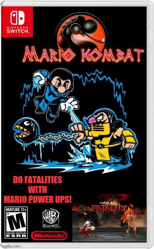 MORTAL KOMBAT WITH MARIO CHARACTERS | DO FATALITIES WITH MARIO POWER UPS! | image tagged in mortal kombat,super mario bros,yoshi,nintendo switch,wario,fake switch games | made w/ Imgflip meme maker