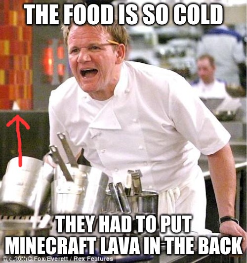 Did anyone notice tho | THE FOOD IS SO COLD; THEY HAD TO PUT MINECRAFT LAVA IN THE BACK | image tagged in memes,chef gordon ramsay,minecraft,lava | made w/ Imgflip meme maker