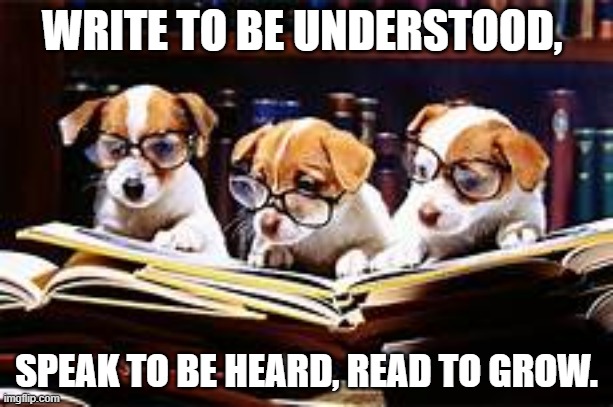 read and write puppies | WRITE TO BE UNDERSTOOD, SPEAK TO BE HEARD, READ TO GROW. | image tagged in reading | made w/ Imgflip meme maker