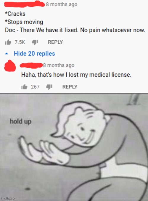 hold up... | image tagged in fallout hold up,funny,memes,youtube comments | made w/ Imgflip meme maker