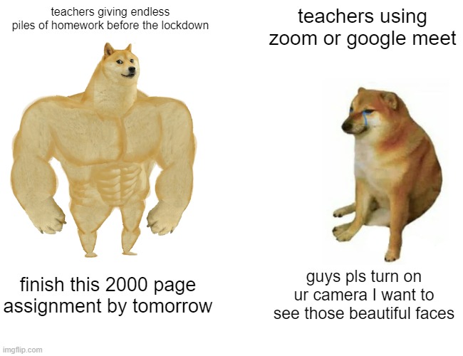 nooooooooooo I wanna see those beautiful upvotes | teachers giving endless piles of homework before the lockdown; teachers using zoom or google meet; finish this 2000 page assignment by tomorrow; guys pls turn on ur camera I want to see those beautiful faces | image tagged in memes,buff doge vs cheems | made w/ Imgflip meme maker