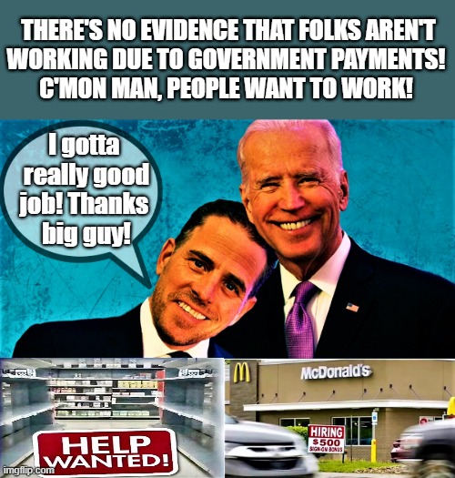hunter and joe biden and jobs | THERE'S NO EVIDENCE THAT FOLKS AREN'T
WORKING DUE TO GOVERNMENT PAYMENTS! 
C'MON MAN, PEOPLE WANT TO WORK! I gotta 
really good
job! Thanks 
big guy! | image tagged in political humor,joe biden,help wanted,job,employment,government | made w/ Imgflip meme maker