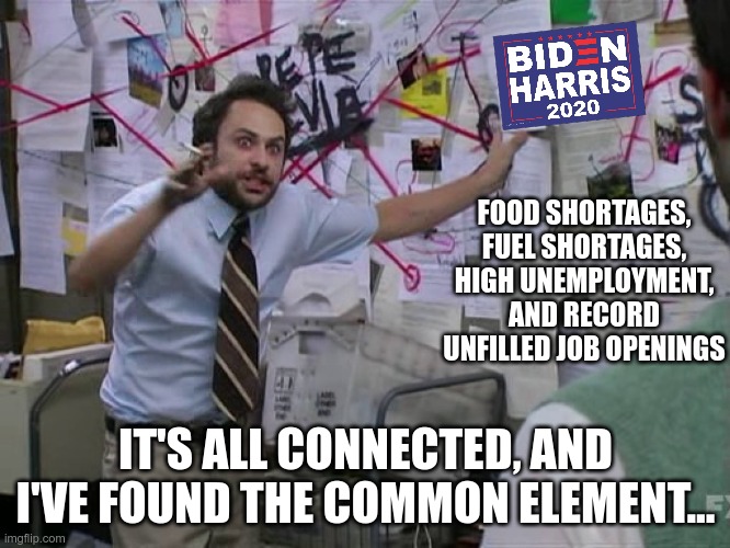 The common thread | FOOD SHORTAGES, FUEL SHORTAGES, HIGH UNEMPLOYMENT, AND RECORD UNFILLED JOB OPENINGS; IT'S ALL CONNECTED, AND I'VE FOUND THE COMMON ELEMENT... | image tagged in charlie conspiracy always sunny in philidelphia,biden,harris | made w/ Imgflip meme maker