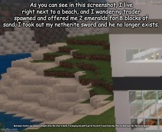As you can see in this screenshot, I live right next to a beach, and I wandering trader spawned and offered me 2 emeralds for 8 blocks of sand. I took out my netherite sword and he no longer exists. Bad news: Another one spawned straight after the other's death. I'm keeping him until I get all the stuff I need from him. Then he shall meet Mr. Netherite sword | made w/ Imgflip meme maker