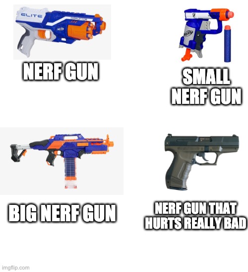 hol up a second | NERF GUN; SMALL NERF GUN; NERF GUN THAT HURTS REALLY BAD; BIG NERF GUN | image tagged in blank white template,funny,funny memes,memes,nerf | made w/ Imgflip meme maker