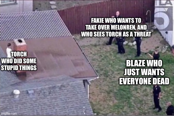 Arc one and two in a nutshell | FAKIE WHO WANTS TO TAKE OVER MELONREN, AND WHO SEES TORCH AS A THREAT; TORCH WHO DID SOME STUPID THINGS; BLAZE WHO JUST WANTS EVERYONE DEAD | image tagged in guy hiding from cops on roof | made w/ Imgflip meme maker