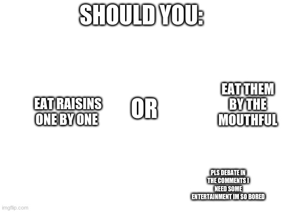 aa | SHOULD YOU:; EAT RAISINS ONE BY ONE; EAT THEM BY THE MOUTHFUL; OR; PLS DEBATE IN THE COMMENTS I NEED SOME ENTERTAINMENT IM SO BORED | image tagged in blank white template | made w/ Imgflip meme maker