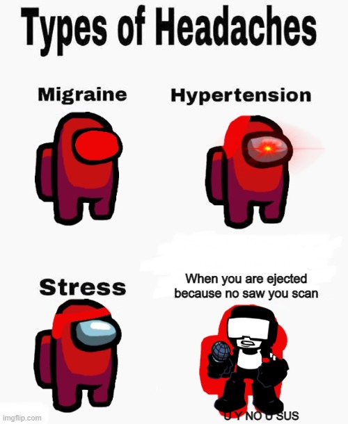 U Y NO U SUS | When you are ejected because no saw you scan; U Y NO U SUS | image tagged in among us types of headaches,u y no u sus | made w/ Imgflip meme maker