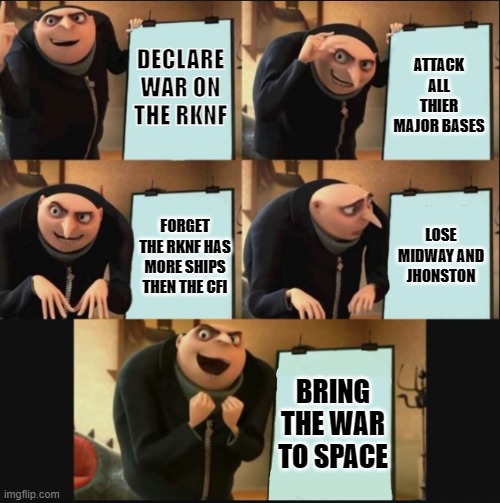 5 panel gru meme | DECLARE WAR ON THE RKNF; ATTACK ALL THIER MAJOR BASES; LOSE MIDWAY AND JHONSTON; FORGET THE RKNF HAS MORE SHIPS THEN THE CFI; BRING THE WAR TO SPACE | image tagged in 5 panel gru meme | made w/ Imgflip meme maker
