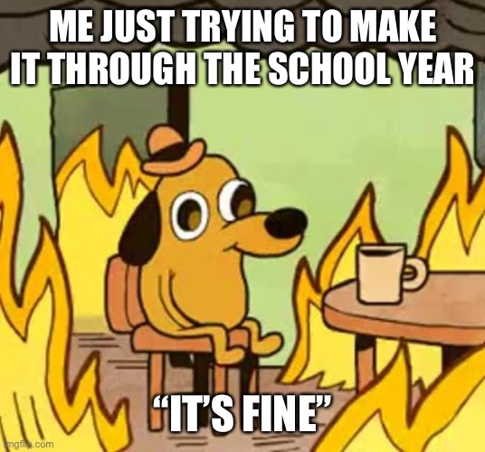 How many days left of school? |  ME JUST TRYING TO MAKE IT THROUGH THE SCHOOL YEAR; “IT’S FINE” | image tagged in its fine | made w/ Imgflip meme maker
