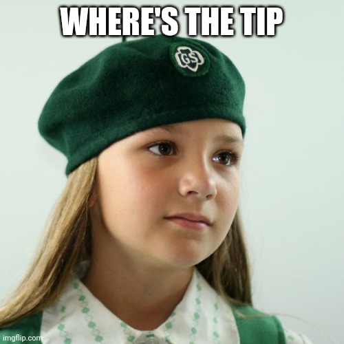 Girl scout | WHERE'S THE TIP | image tagged in girl scout cookies | made w/ Imgflip meme maker