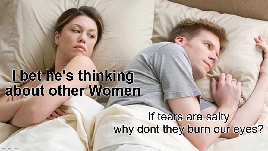 I Bet He's Thinking About Other Women Meme | I bet he's thinking about other Women; If tears are salty why dont they burn our eyes? | image tagged in memes,i bet he's thinking about other women | made w/ Imgflip meme maker