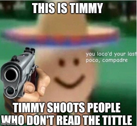 Too late *BANG* | THIS IS TIMMY; TIMMY SHOOTS PEOPLE WHO DON'T READ THE TITTLE | image tagged in you loco'd your last poco compadre | made w/ Imgflip meme maker