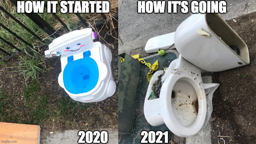 How it started How it's going | HOW IT STARTED           HOW IT'S GOING; 2020             2021 | image tagged in toilet,toilets | made w/ Imgflip meme maker