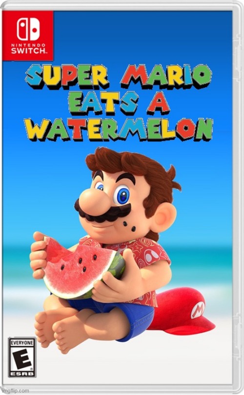 SUPER MARIO EATS WATERMELON OUT NOW | image tagged in super mario eats a watermelon,fake swith games | made w/ Imgflip meme maker