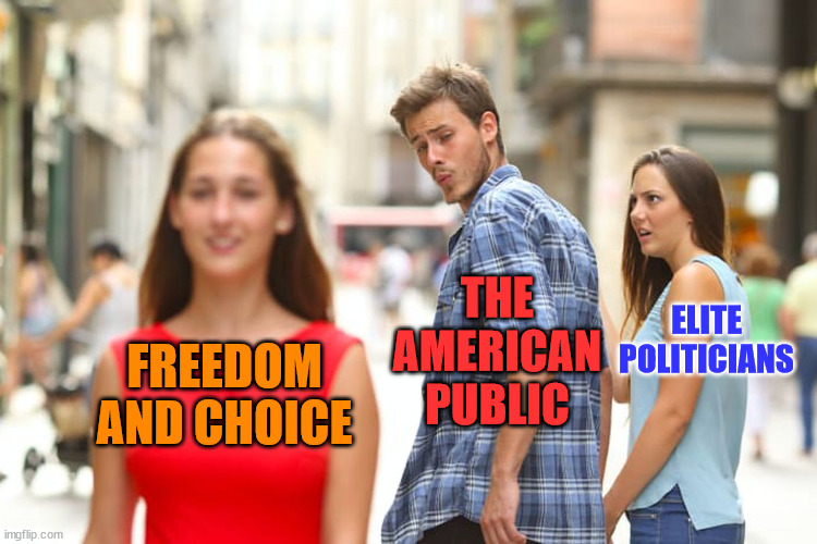 Distracted Boyfriend | THE AMERICAN PUBLIC; ELITE POLITICIANS; FREEDOM AND CHOICE | image tagged in memes,distracted boyfriend | made w/ Imgflip meme maker