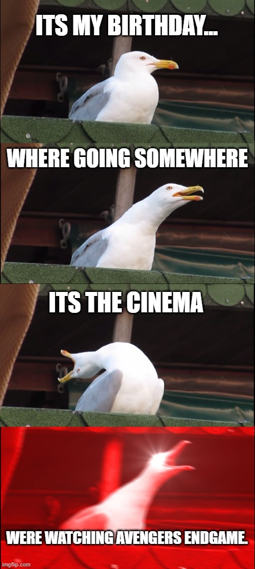 Inhaling Seagull Meme | ITS MY BIRTHDAY... WHERE GOING SOMEWHERE; ITS THE CINEMA; WERE WATCHING AVENGERS ENDGAME. | image tagged in memes,inhaling seagull | made w/ Imgflip meme maker