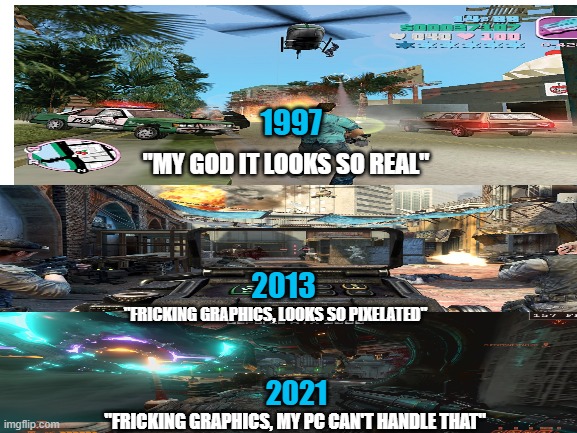 Blank White Template | 1997; "MY GOD IT LOOKS SO REAL"; 2013; "FRICKING GRAPHICS, LOOKS SO PIXELATED"; 2021; "FRICKING GRAPHICS, MY PC CAN'T HANDLE THAT" | image tagged in blank white template | made w/ Imgflip meme maker