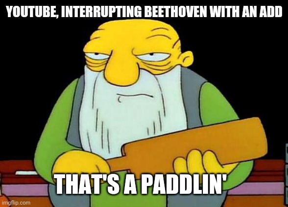 That's a paddlin' Meme | YOUTUBE, INTERRUPTING BEETHOVEN WITH AN ADD; THAT'S A PADDLIN' | image tagged in memes,that's a paddlin' | made w/ Imgflip meme maker