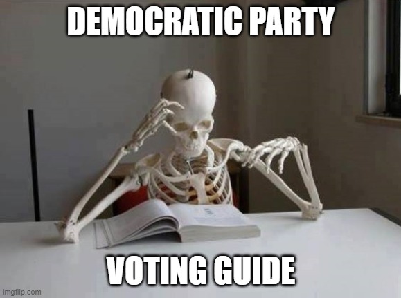 skeleton reading book | DEMOCRATIC PARTY; VOTING GUIDE | image tagged in skeleton reading book | made w/ Imgflip meme maker